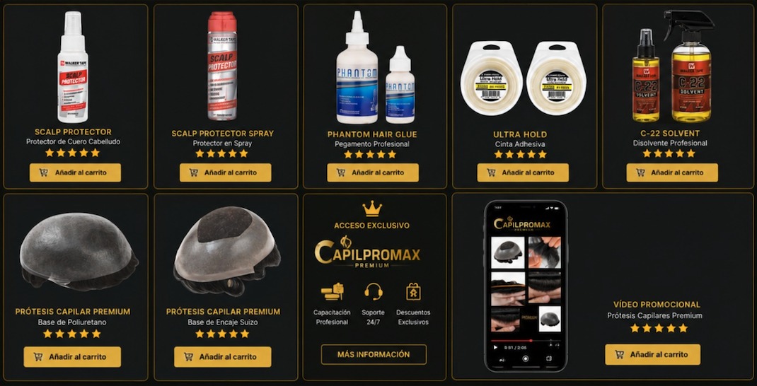 Catálogo de productos CAPILPROMAX: protectores, adhesivos, prótesis capilares y acceso Premium